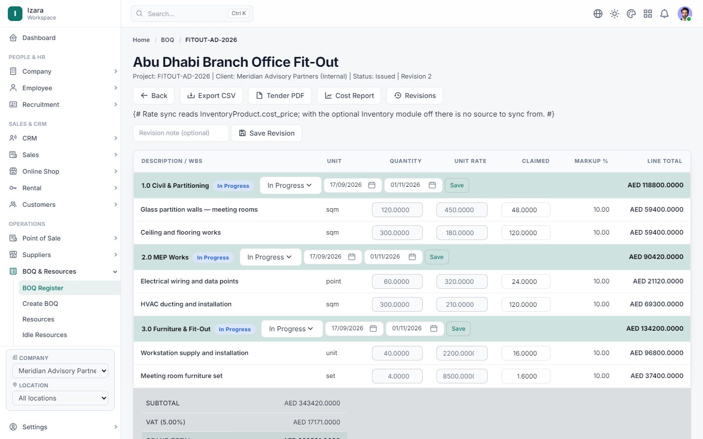 A bill of quantities with rates and totals