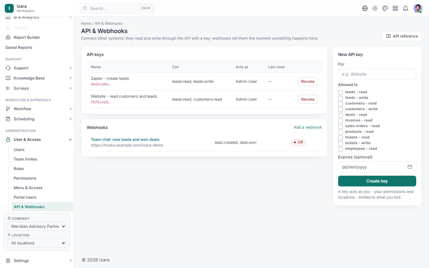 API keys and webhooks in one place