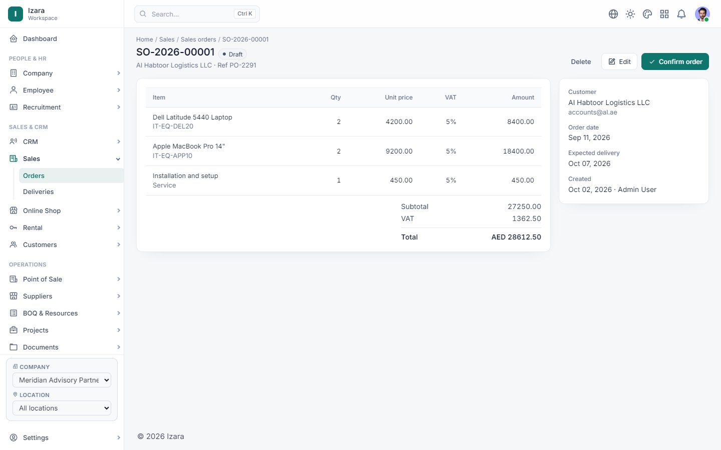 An order with deliveries and billing